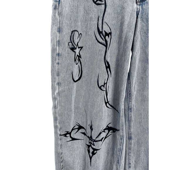 ALAB Skull Rave Jeans Ultra Wide Leg Embroidered Denim Pants Size 10 Y2K Blue - Picture 3 of 8